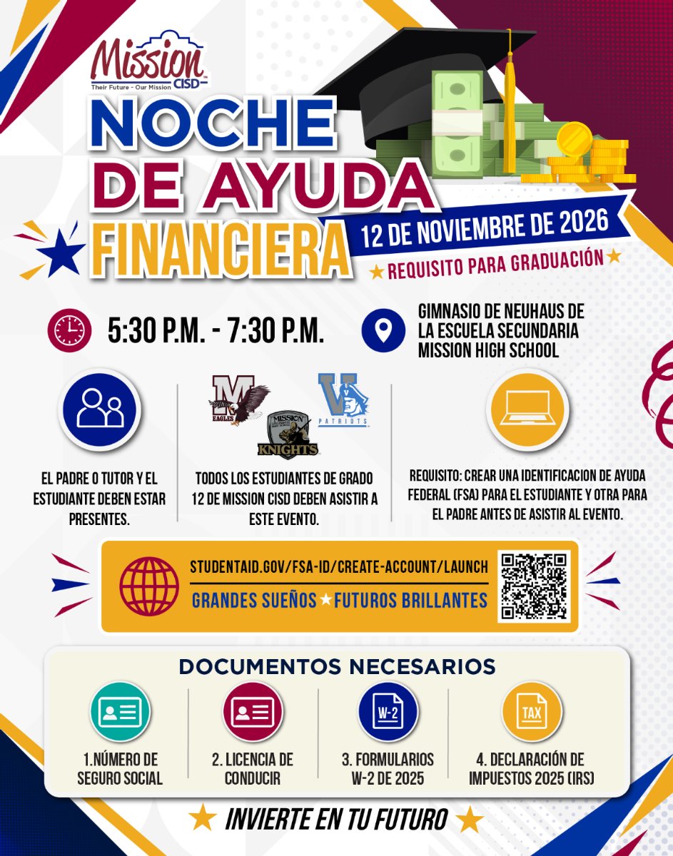 Folleto de la Noche de Ayuda Financiera de Mission CISD para el 12 de noviembre de 2026. Detalles y documentos necesarios explicados a continuación.